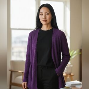 Emperio Purple Rib Knit Open Front Tie Belt Cardigan Sweater Sz M TYFC Preowned